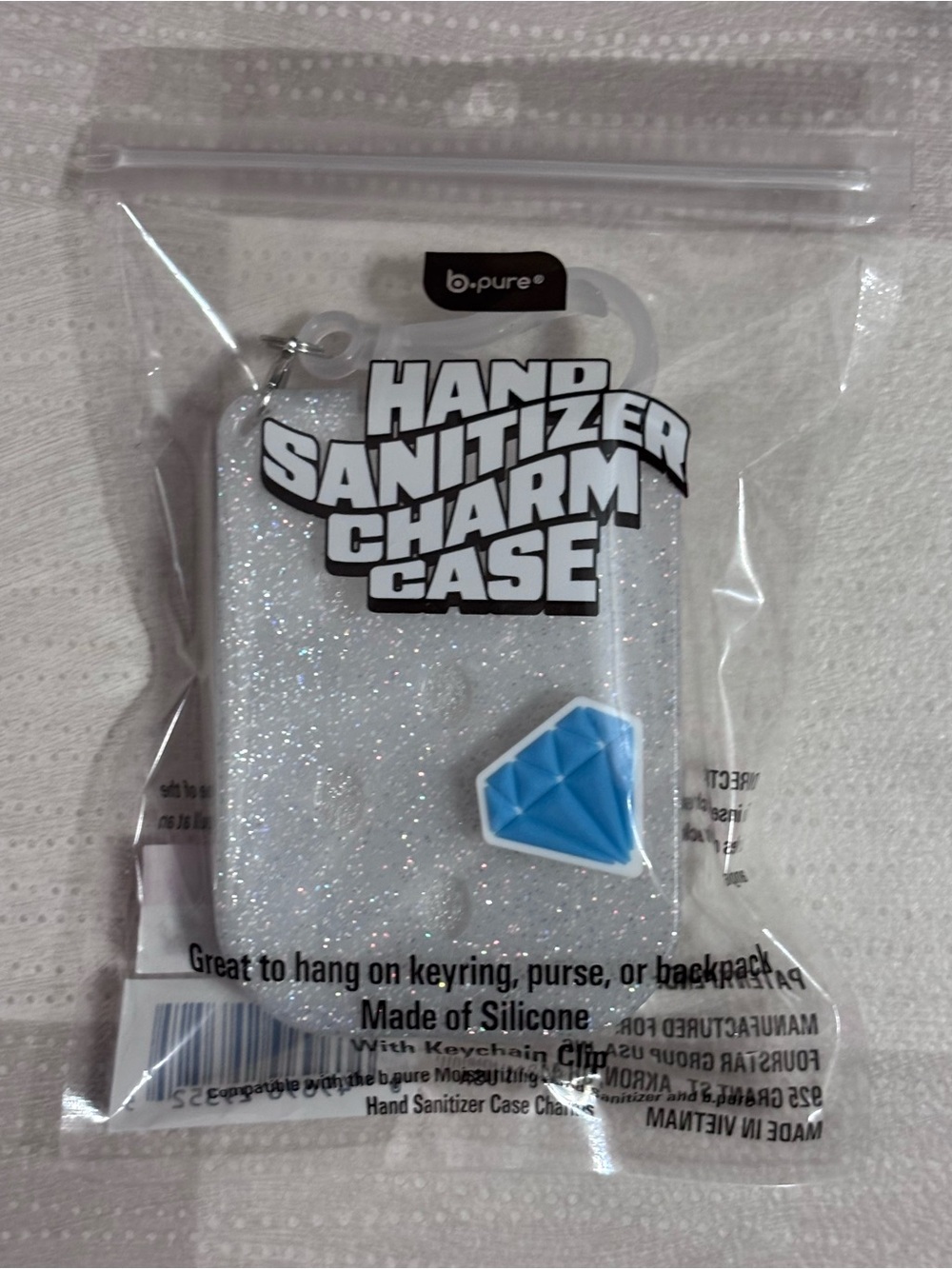 B.Pure Glitter Hand Sanitizer Charm Case with Blue Diamond Accent
